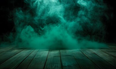 a green fog on a dark background going across wooden floor. Generative AI 