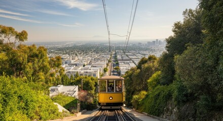 Vintage yellow tram ascends hill, cityscape and mountains in background