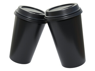 3D coffee cup mockups disposable with plastic lid. Blank black plastic mugs for takeaway hot or cold beverage, milkshake, tea or coffee cups, isolated on background. Mockup packaging for branding