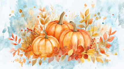 Naklejka premium This striking image captures the essence of autumn with vibrant pumpkins flowers, Watercolor Pumpkins in Vintage Style, This seasonal illustration captures of the fall harvest nature element.