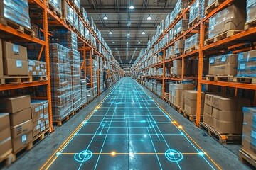 A modern warehouse with stacked pallets and a digital overlay indicating a smart logistics system.