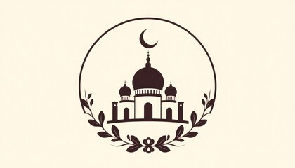 Circular mosque emblem with a crescent moon and arabesque floral accents.