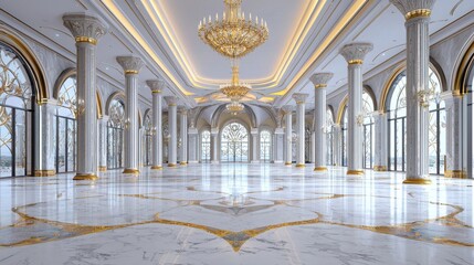 Majestic Baroque Style Palace Interiors with Ornate Chandeliers Columns and Marble Floors