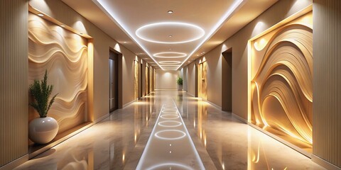 Surreal Modern Hallway: Beige Walls, Minimalist Decor, Recessed Lighting