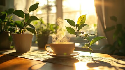 A steaming cup of green tea with fresh leaves, captured in soft morning sunlight