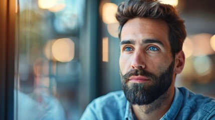 Obraz premium Thoughtful young man with beard gazes out of window, contemplating life, with soft lighting creating a warm and intimate atmosphere in a modern cafe