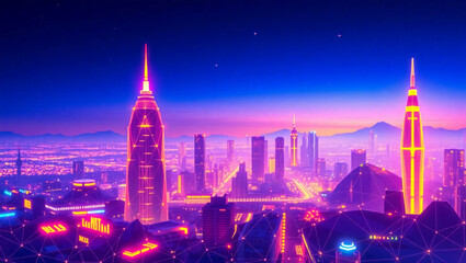 Obraz premium AI generative. Background of cityscape and low poly wireframe concept of futuristic style in future dusk atmosphere. 1