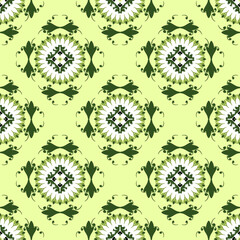 Damask seamless pattern illustration in traditional style, like Portuguese tiles in green and white colors. Design for wallpaper, sarees, home decoration, and clothing.