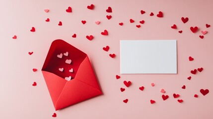 White paper and red envelope with cute pink background copy space for text Valentine Day, Mothers' Day.