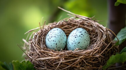 A close-up of a bird's nest containing two speckled blue eggs.