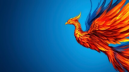 Fototapeta premium Vibrant Phoenix with Fiery Feathers Against Blue Background