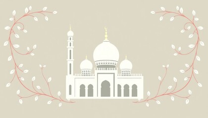 Ornamental mosque icon with domes and arches framed by delicate vine patterns.

