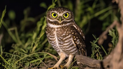 Obraz premium A close-up of a burrowing owl with striking yellow eyes amidst green grass at night.
