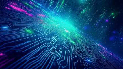 Fototapeta premium Circuit Board Galaxy, Digital Pathways Through a Cosmic Landscape of Light and Data