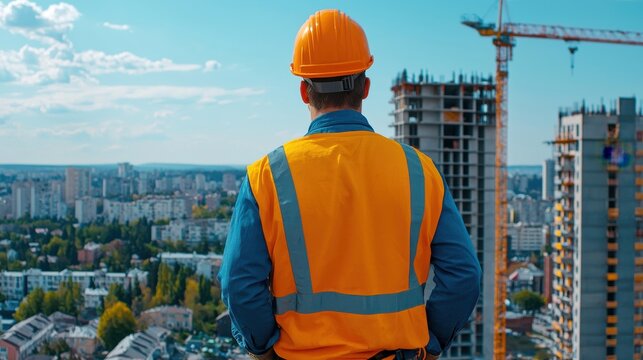Construction Worker in Safety Gear at Urban Building Site