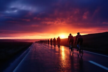 . A cycling group participating in a training ride at sunrise, with the cool morning air and the open road ahead of them.