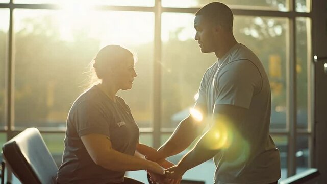 A personal trainer assists a client during a workout session in a well-lit gym, with sunlight streaming through large windows. The scene highlights fitness, motivation, and professional guidance