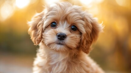 A close-up of a fluffy puppy with warm lighting in a natural outdoor setting.
