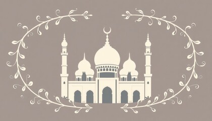 Ornamental mosque icon with domes and arches framed by delicate vine patterns.