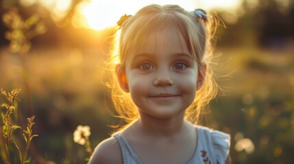 Cheerful young girl enjoying a sunny day in a beautiful outdoor setting, with warm light illuminating her joyful expression amidst nature's backdrop.