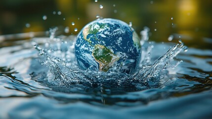 A globe splashes into water, symbolizing the Earth's environment and sustainability.
