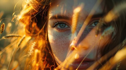 Close-Up of a Young Woman's Face Surrounded by Golden Wheat, Capturing Natural Beauty and Intense Emotion in Warm, Soft Lighting with Freckles and Glowing Eyes