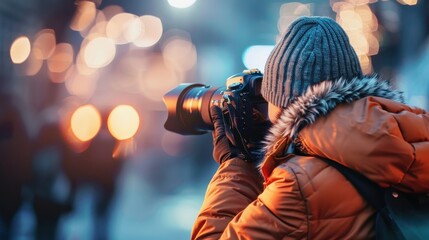 Urban Photographer Capturing Night Scenes with Camera, Wearing Cozy Jacket and Beanie, Surrounded by Blurry City Lights and Winter Atmosphere