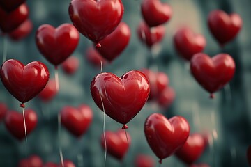 Red heart balloons float city backdrop.
