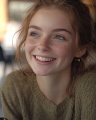 A woman with green eyes and red hair is smiling