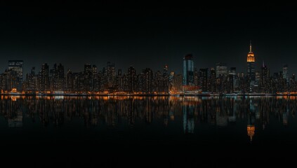 A city skyline is reflected in the water