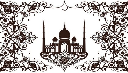 Elegant mosque silhouette surrounded by interlaced arabesque patterns in a symmetrical layout.

