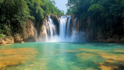 Cascading Waterfalls Flow into a Tranquil Turquoise Pool Surrounded by Lush Greenery
