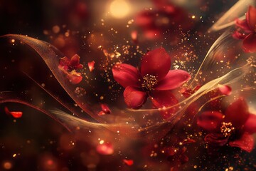 . A harmonious blend of red and gold tones with swirling particles and elegant lines evoking the spirit of the Spring Festival.