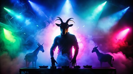 Fototapeta premium Surreal Silhouette Goat DJ Nightclub Party - Dramatic Backlit Portrait