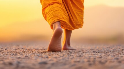 Bare feet of a monk walking. Making merit by giving alms according to the beliefs of Buddhism concept.