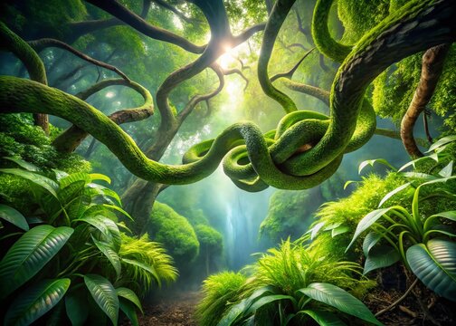 Surreal Snake Habitat: Lush Jungle Canopy & Underground Burrow, Conceptual Photography
