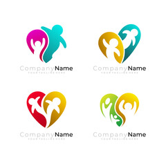 Heart logo and people care design combination, family logos