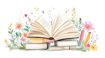 An open book surrounded by colorful watercolor glowing flowers and white background, with vibrant colors of pens, pencils, and abstract beautiful designs.