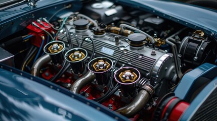 Fototapeta premium Intricate Close-Up of a Custom Race Car Engine Showcasing Unique Mechanical Design Elements