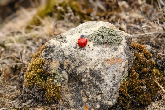 . A ladybug crawling on a mossy rock, captured in a close-up nature macro shot with earthy tones.