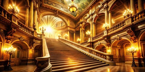Fototapeta premium Surreal Staircase to Luminous Stage: Ethereal Dreamlike Theater Setting