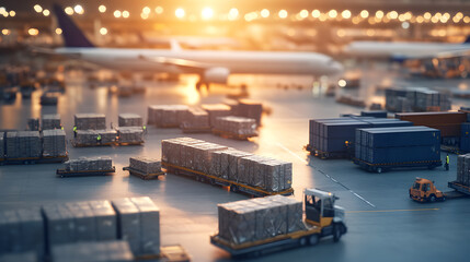 Naklejka premium A bustling airport cargo terminal with freight being efficiently loaded into planes by ground staff and automated machinery. Digital tracking systems are visible on handheld devices, ensuring