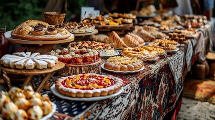 Fototapeta premium Abundant table of delicious pastries and cakes at an outdoor event.