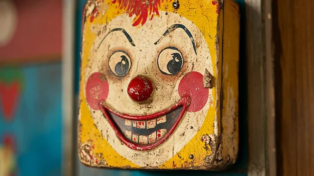 Vintage clown toy face with bright colors displayed in a cheerful setting