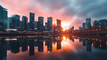 Fototapeta premium Stunning Cityscape with Skyscrapers Reflecting in River at Sunset