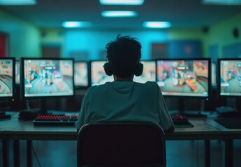 Gamer Focused on Multiple Screens in a Dark Computer Room