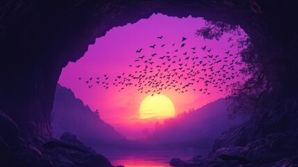 Purple sunset landscape viewed from a cave, bats flying silhouetted against the vibrant sky. Ideal for fantasy, mystical, or gothic themed projects needing a dramatic backdrop.