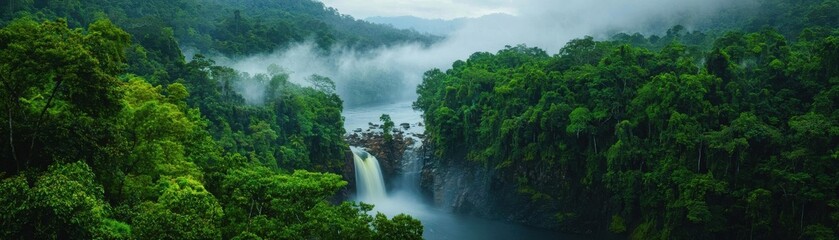 Fototapeta premium exotic destinations concept. Isolated Jungle Waterfalls Discover cascading waterfalls hidden within dense jungles, accessible only by guided hikes