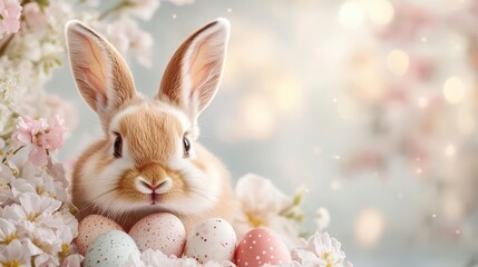 Obraz premium Adorable Easter bunny nestled amongst delicate blossoms and pastel eggs.