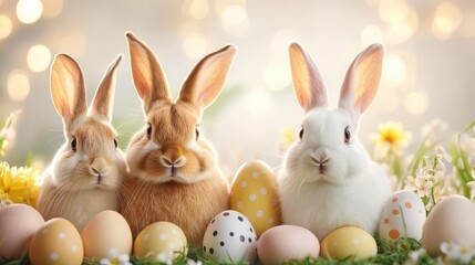 Obraz premium Adorable Easter bunnies nestled amongst pastel eggs and spring blossoms!